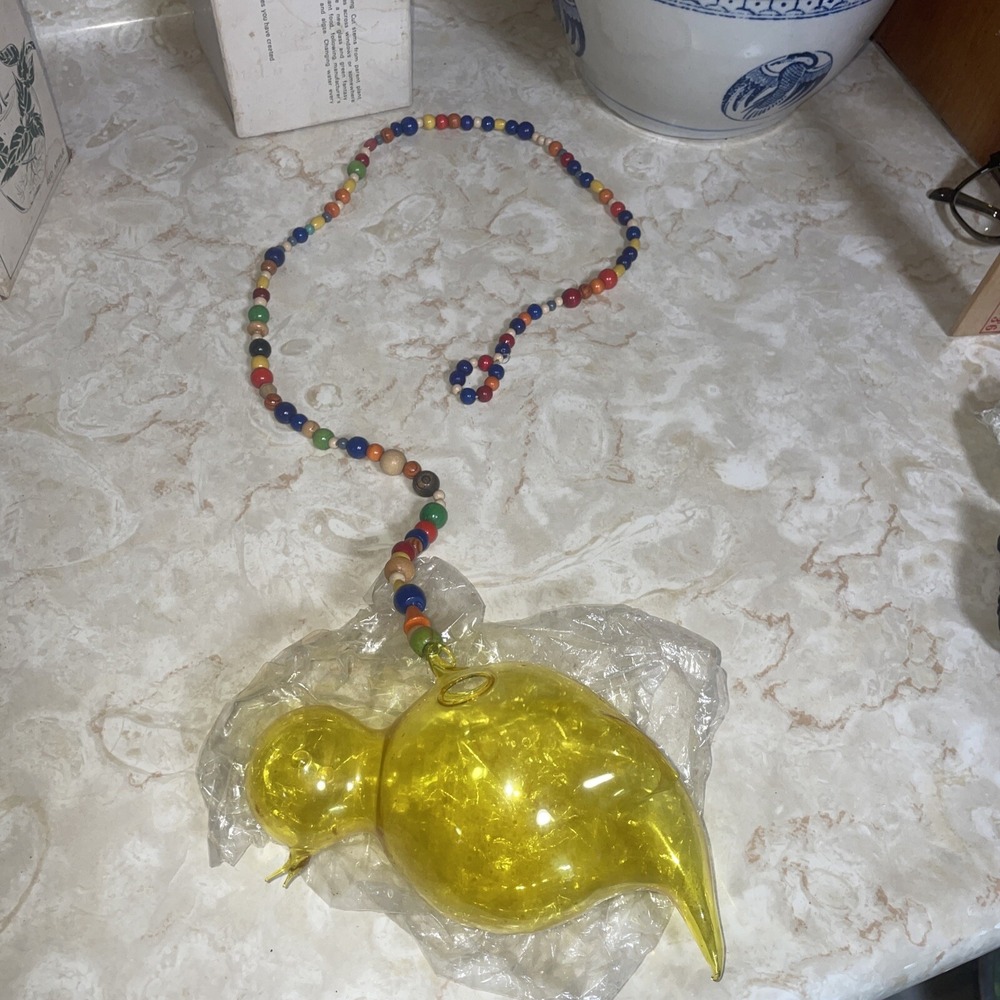 Vintage Hand Blown Glass Hanging Plant Propagation Yellow Bird‎ Wooden Beads